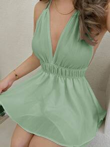 Jemour 新款春夏休闲度假双肩带挂脖吊带设计大露背多层下摆宽松阔腿短裤白色海浪条纹梭织面料女连体裤-A - 薄荷綠 - 查看 3