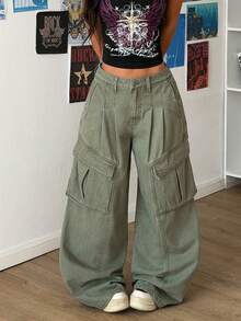 StreetHx Women's Casual Washed Wide Leg Cargo Jeans - Green - View 1