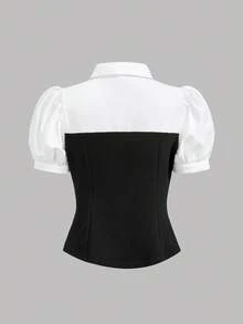 Girlism Bộ đồ thun cho bé gái tuổi teen, set 2 món phong cách thường ngày đi làm, áo tay phồng và quần ống loe dễ thương, áo và quần phối màu đen trắng. - Đen và trắng - Xem 5