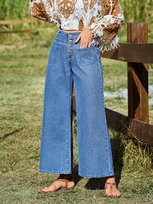 EMERY ROSE Women's Pocket Button Casual Versatile Daily Wear Wide Leg Jeans - Blue - View 3