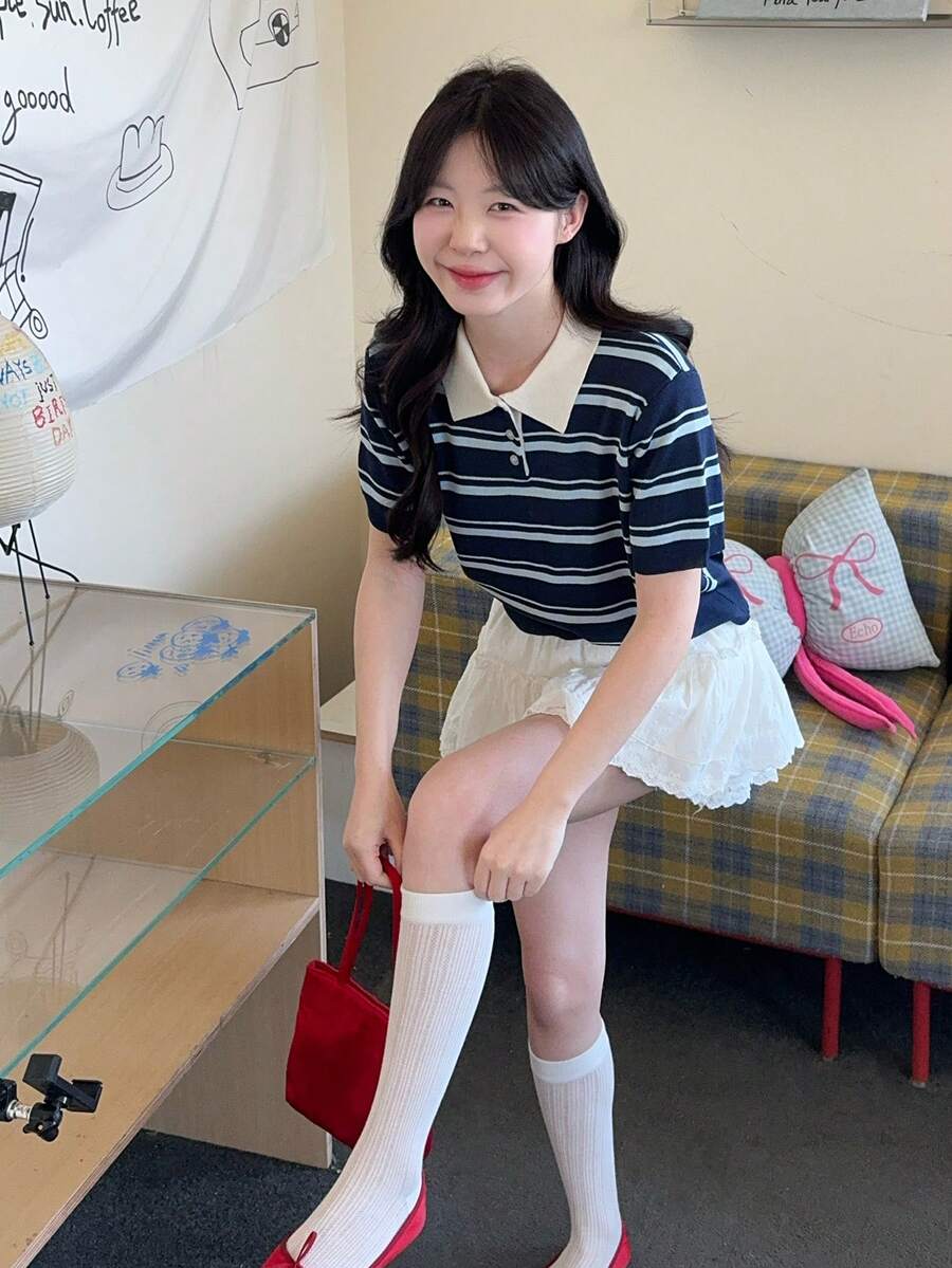 DAZY Áo len cổ bẻ kẻ sọc dành cho nữ, phong cách Hàn Quốc tươi trẻ, thích hợp cho mùa hè. - Màu xanh lam - Xem 1