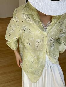 DAZY Women's Turndown Collar Long Sleeve Loose Casual Lace Texture Blouse - Green - View 3