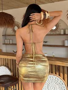 EgrlEra Sexy Metallic Backless Halter Mini Dress - Brown - View 2