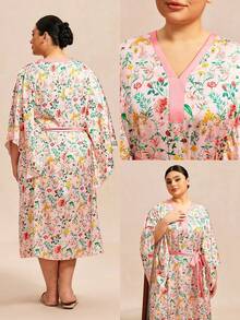 LUVLETTE Đầm kimono hoa hồng cỡ lớn dành cho nữ - Đồ ngủ bằng satin nhẹ với tay áo rộng và thắt eo, thích hợp cho mùa xuân hè, váy ngủ mùa hè cho nữ. - Hồng - Xem 3