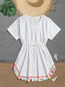 SHEIN Tween Girls White Swimsuit Cover Ups,Knit Fabric Crochet Eyelet Dress With Tassel Trim,Boho Drawstring Waist Beach Summer Dress For Pool Party - White - View 7