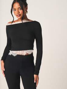 MISSGUIDED ملابس علوية أنيقة للمساء ذات أكمام طويلة وكتف واحد مكشوف مع تفاصيل دانتيل أبيض رقيقة، موضة الخريف والشتاء - الأسود - مشاهدة 5
