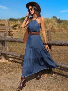 Slaydiva Women's Casual Ruffle Trim Denim Halter Dress For Vacation - Medium Wash - View 3