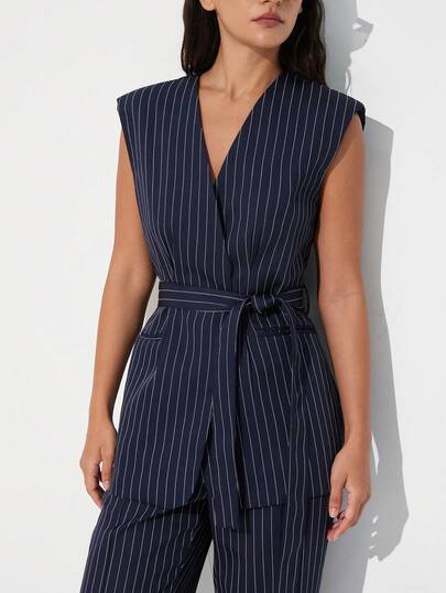 Aveloria Modichic High-Quality Merino Wool Fabric, Deep Navy Color Scheme, Minimalist Office Style, Fine Striped Element, V-Neck Sleeveless Design, Waist Tie, Straight Leg Flared Pants, Crisp And Smooth Fabric, Suit Set. Suitable For Business Meetings, Urban Commuting, Professional Negotiations, Formal Events, Office Daily Wear, Workplace Gatherings, Modern Urban Women's Occasions. Women's Woven Belt Loose Vest Jacket, Women's Straight Leg Pants, Striped Suit Suit Dress Blazer Dress For Women Business Casual Dresses Formal Rompers For Women Short Jumpsuit