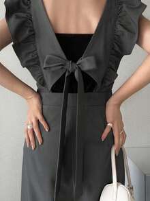 FRIFUL 女士荷叶边拼接前系带阔腿连体裤 - 灰色 - 查看 1