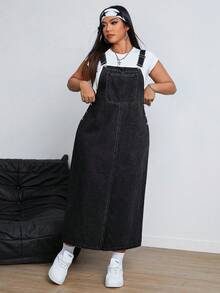 SHEIN ICON Plus Size Casual Washed Denim Pinafore Dress - Dark Grey - View 1