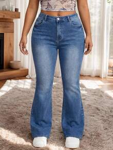 Large Size Women's Flared Jeans | Versatile, In Wash Blue And Tight Cut - Blue - View 1