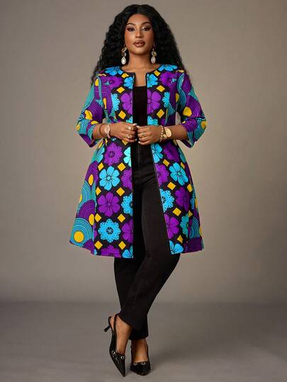 EMERY ROSE Plus Size Women Floral Print Casual Versatile Daily Wear Long Sleeve Jacket Juneteenth Outfits For Women Ankara African Dress African Print Outfit For Women Caribbean Outfits For Women