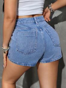 SHEIN EZwear Váy quần jean nữ kiểu dáng thường ngày, có túi và cúc. - Rửa nhẹ - Xem 2