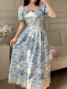 Celisse Đầm dài thanh lịch màu xanh dương phối ren hoa dành cho nữ - Màu xanh lam - Xem 7