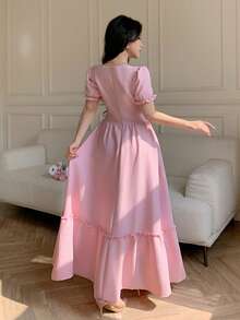Celisse Pink Lace Patchwork Ruffle Hem Elegant Dress For Women - Pink - View 2