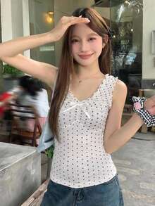 DAZY Áo kiểu nữ Hàn Quốc chấm bi thanh lịch không tay thắt nơ mùa hè - Đỏ - Xem 5
