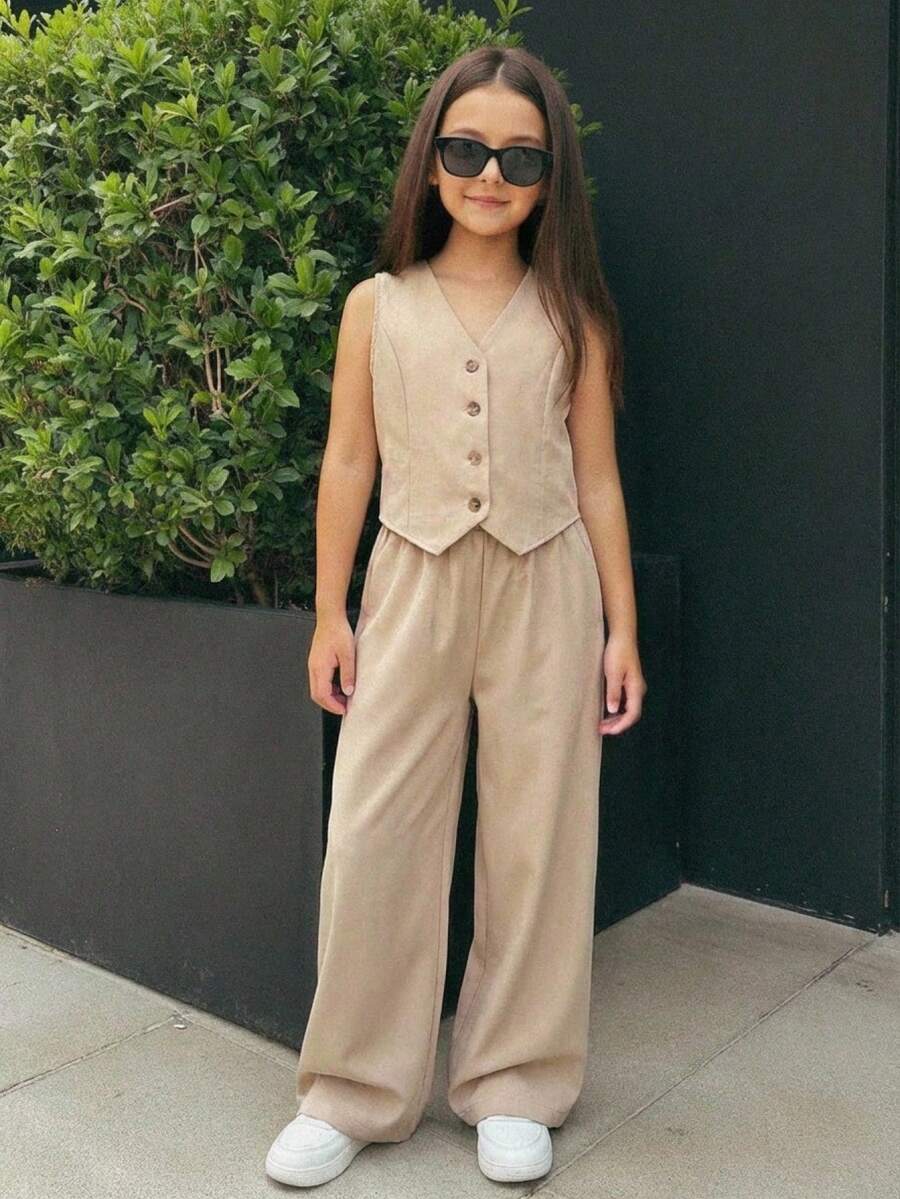 SHEIN طقم سترة وبنطلون كاجوال للتنقل اليومي للفتيات المراهقات في الربيع/الصيف - كاكي - مشاهدة 1