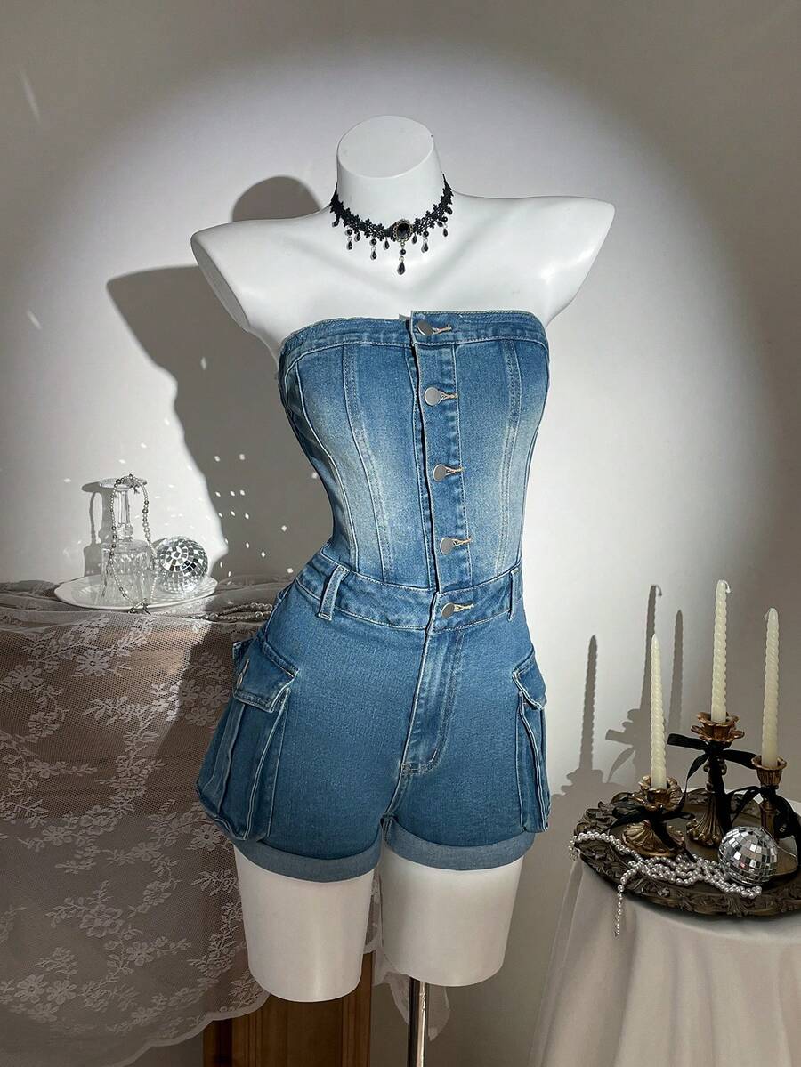 Elamini Women's Casual Denim Jumpsuit With Pockets And Buttons, Suitable For Daily Wear, Dates And Outings - Blue - View 1