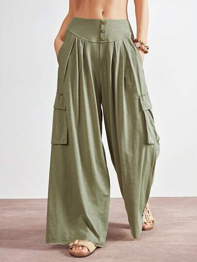  Bohemela Women's Summer Casual And Comfortable,Perfect For Streetwear, Vacations, And Western Music Festivals. Bohemian Solid-Color Knit Pants Featuring Roman-Style Ruffle Detailing, A Vintage Washed Distressed Finish, Cargo Pockets, And Wooden Button Accents At The Waistband; Relaxed Wide-Leg Long Pants.
