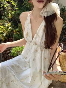 DAZY Đầm nữ cổ chữ V buộc dây kiểu Bohemian in hoa, đầm hè phong cách Boho. - trắng - Xem 3