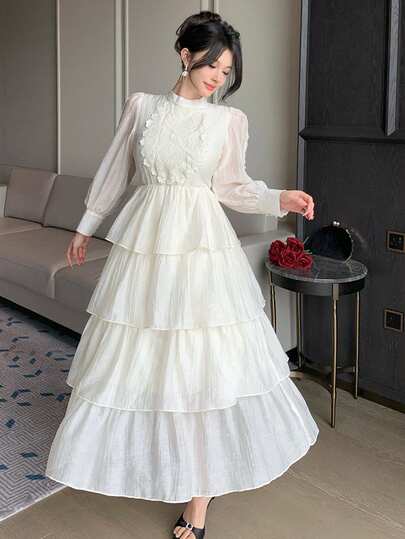 DAZY Vestido elegante de manga larga con cuello Mao y parches de encaje, adecuado para banquetes