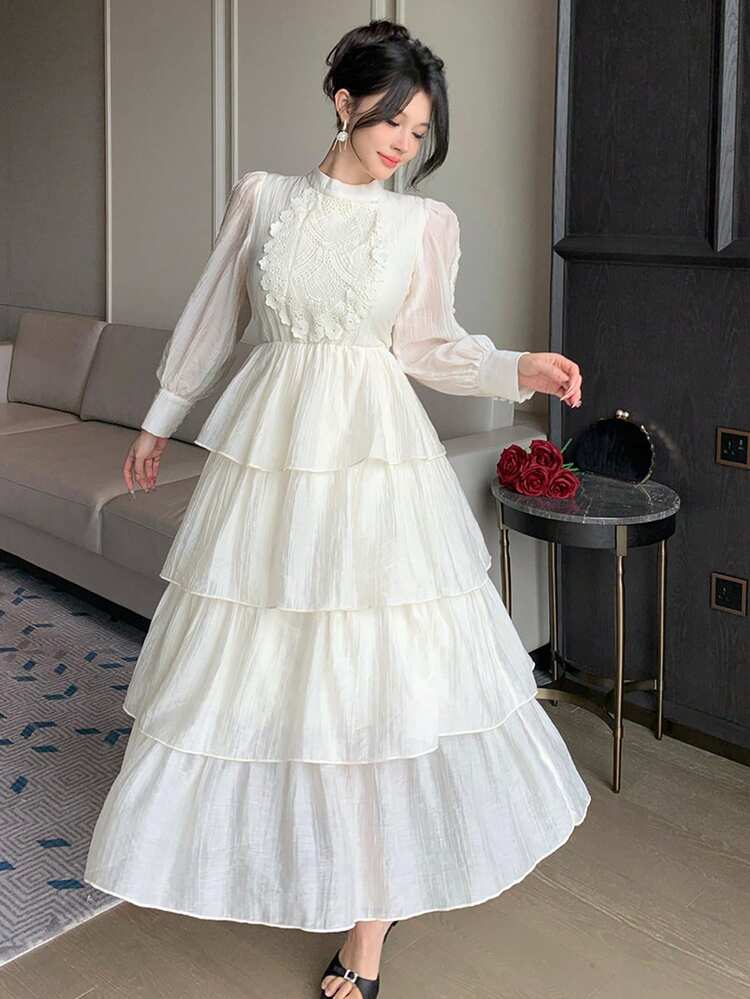 Women's Lace Patchwork Mandarin Collar Long Sleeve Elegant Dress, Suitable For Banquet Maxi Dress Sundress