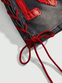 ROMWE Grunge Punk Sexy Valentine's Day LOVE Patch Heart Denim Mini Skirt, Spring/Summer - Black - View 4