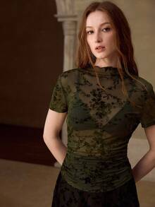 MOTF PREMIUM SUMMER LACE SEXY SHEER FITTED RUCHED CROPPED TOP FOR WOMEN - Green - View 4