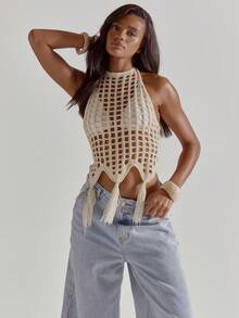 MUSERA 露背方领钩针流苏细节系带上衣，可爱沙滩罩衫，适合夏季春季度假外出游泳，性感钩针针织 - 杏色 - 查看 1