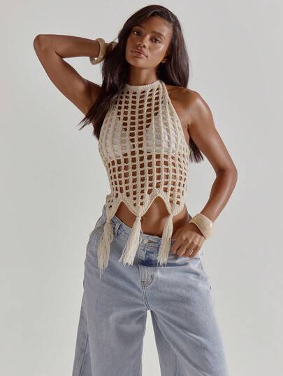 MUSERA Halterneck Square Crochet Tassel Detail Tie Back Top Cute Beach Coverup Summer Spring Holiday Going Out Swim Sexy Crochet Knit