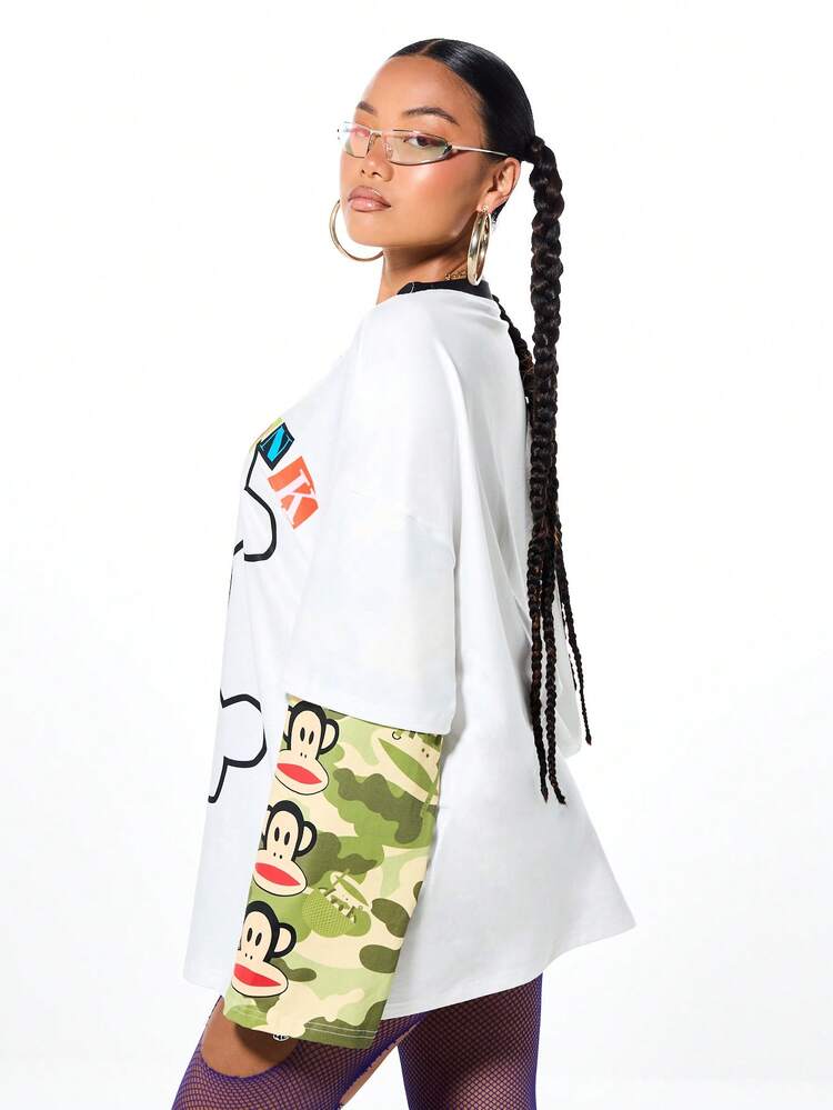 SUMWON X PAUL FRANK SUMWON WOMEN Long Sleeve Graphic Tee With Contrast Sleeves