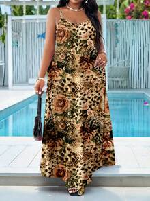 SHEIN Lady 春夏休闲豹纹沙滩吊带舞会礼服吊带裙加大码连衣裙格子裙非洲风情连衣裙，女士时尚太阳裙 - 彩色 - 查看 2