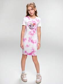 THE POWERPUFF GIRLS X SHEIN 1 pieza Vestido informal de estilo casual para niña preadolescente con cuello redondo, manga corta, cómodo, con estampado de teñido anudado y de dibujos animados - Multicolor - Ver 5