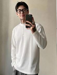 DAZY Men's Solid Color 1/3 Zip Collar White Textured Fabric T-Shirt, Spring - White - View 2