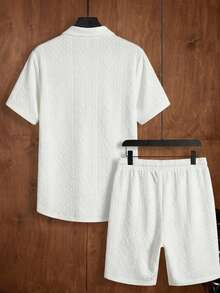 AKNOTIC Business Casual Manfinity Modomio 男士两件套梭织立领修身短袖休闲衬衫套装，适合日常穿着、沙滩男士衬衫、沙滩男士衬衫、男士正装衬衫、男士短裤套装、两件套沙滩套装 - 白色 - 查看 9
