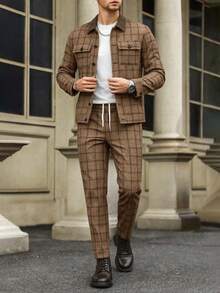 Manfinity Bizformal 男士休闲百搭舒适面料休闲度假春季休闲外套和裤子套装，舒适休闲装 - 卡其色 - 查看 3