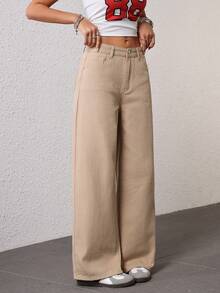 Women's Loose Fit Pockets Wide Leg Casual Denim Jeans - Khaki - View 5