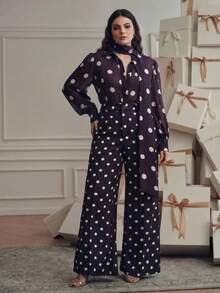 Anewsta Conjunto de 2 piezas para mujer talla grande: Camisa de lunares + Pantalón de pierna ancha, diseño de moda elegante y versátil - Morado - Ver 4