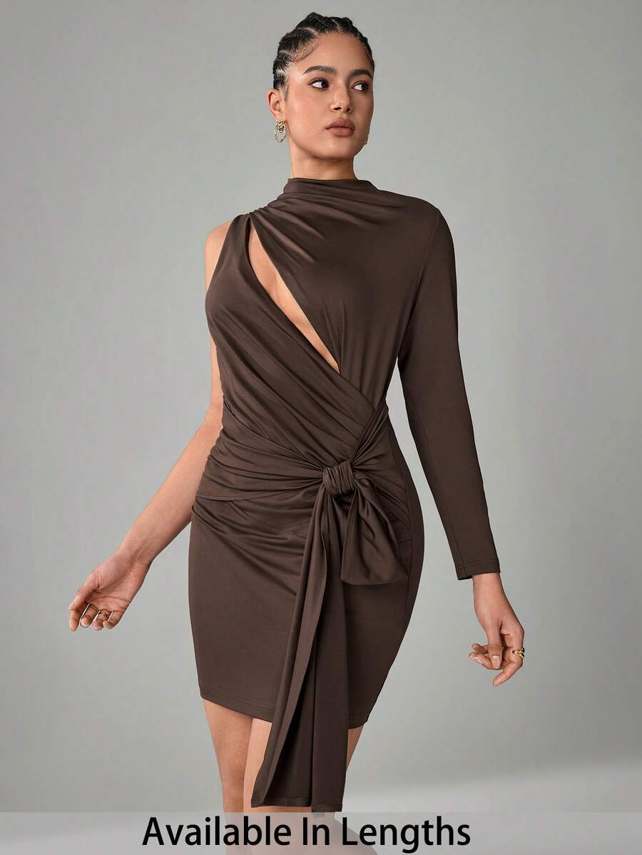 SHEIN Tall CURVE Mocha Fashionable High Neck Ruched Tie Waist Bodycon Skirt - Brown - View 1