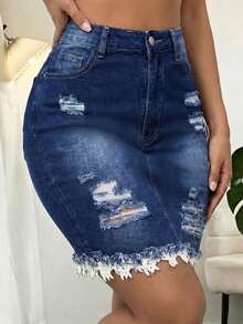 SHEIN LUNE 女士口袋纽扣做旧毛边下摆休闲百搭日常牛仔迷你裙 - 深色水洗藍 - 查看 3