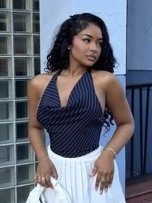 Alexandranx 女士垂领条纹吊带背心、露背上衣、办公室/通勤 - 藏蓝色 - 查看 6