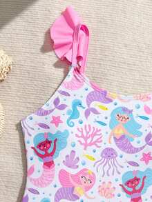 Sparklyn 少女卡通印花连体泳衣，带裙摆，适合游泳、度假、夏季海滩 - 彩色 - 查看 4