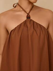 Lyxana Women's Coffee Color Loose Cotton Dress With Neck Tie - Coffee Brown - View 6