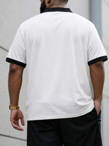 Manfinity Homme 大码男士拼色前扣短袖字母印花简约 Polo 衫，韩版时尚图案衬衫，适合外出 - 白色 - 查看 3