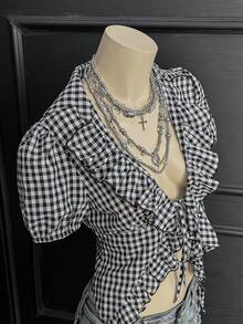 EgrlEra Y2K休闲朋克风荷叶边系带格子衬衫（女款） - 黑與白 - 查看 7
