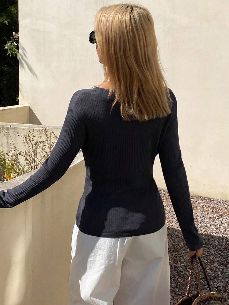 Women's Solid Color Crew Neck Long Sleeve Tie-Up Casual Vacation Lightweight Knit Sweater, Summer