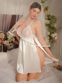 White Satin & Jacquard Lace Splice High Slit Deep V Romantic Elegant Nightgown, Suitable For Wedding Season - White - View 1