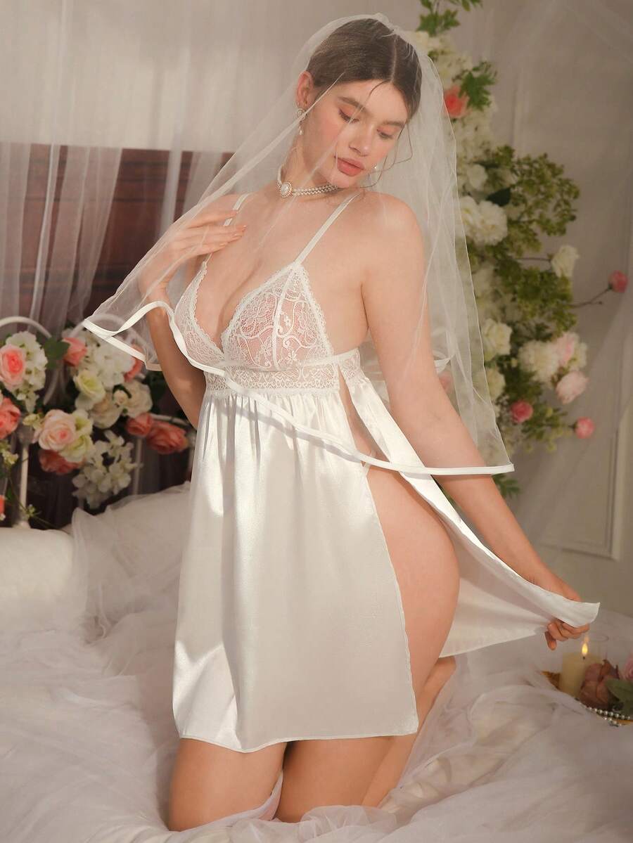 White Satin & Jacquard Lace Splice High Slit Deep V Romantic Elegant Nightgown, Suitable For Wedding Season - White - View 1