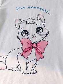 少女猫咪印花短袖上衣和蝴蝶印花长裤睡衣套装 - 白色 - 查看 6