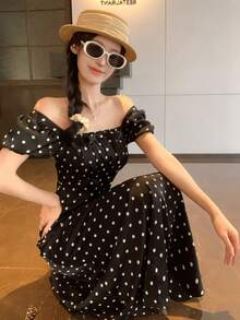 DAZY 女士休闲波点印花连衣裙，适合度假 - 黑色 - 查看 3